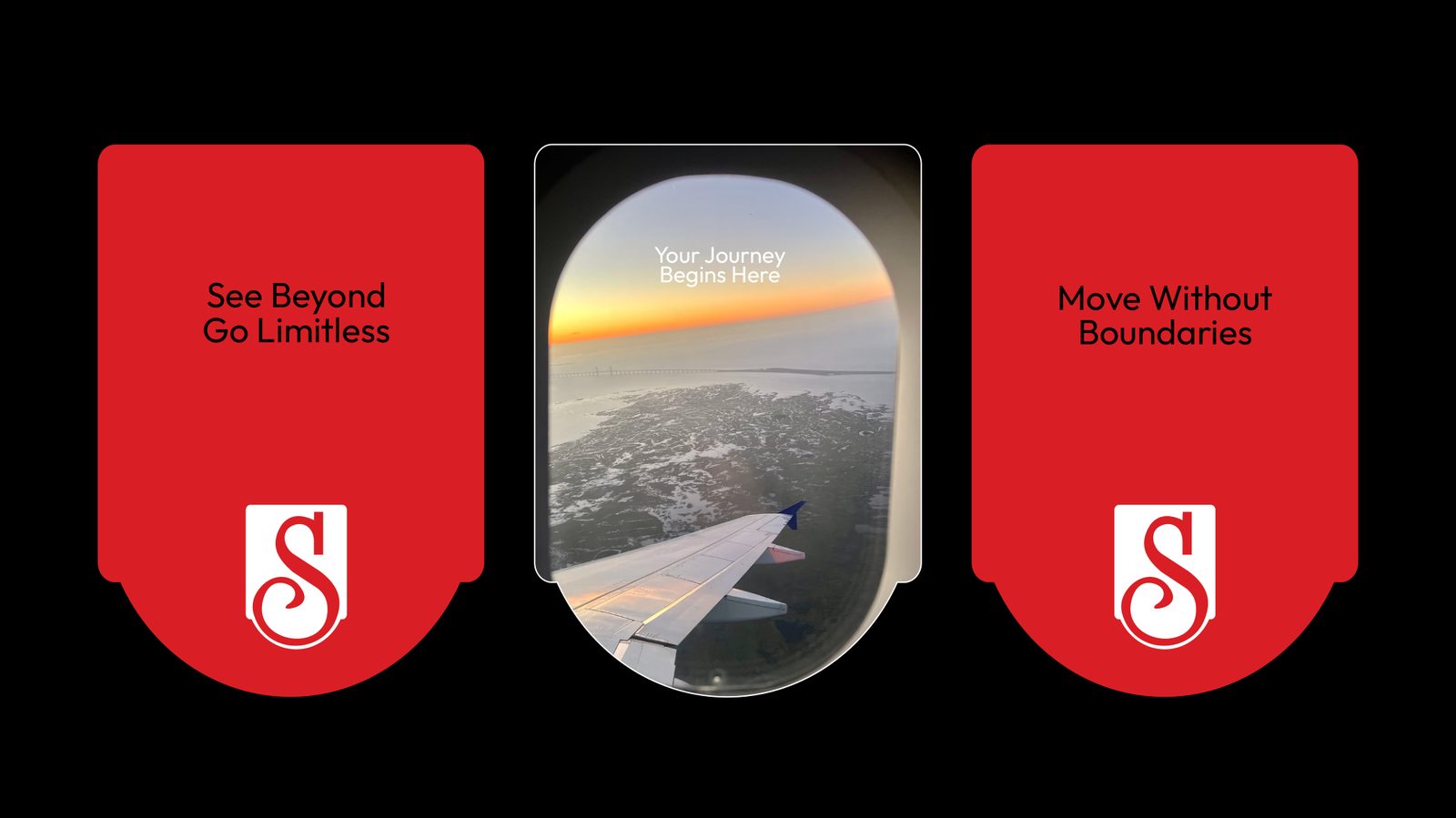 Red emblem tiles and an airplane window: Your Journey Begins Here
