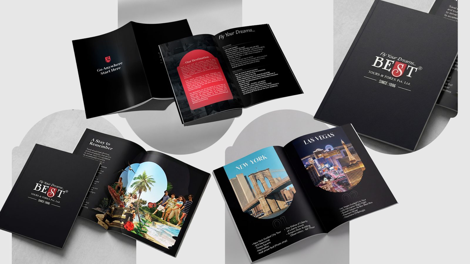 Black Best Tours & Forex brochures with New York and Las Vegas spreads