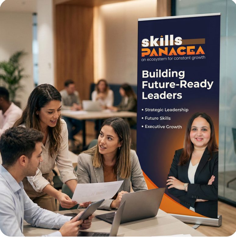 Skills Panacea roll-up banner in a leadership workshop