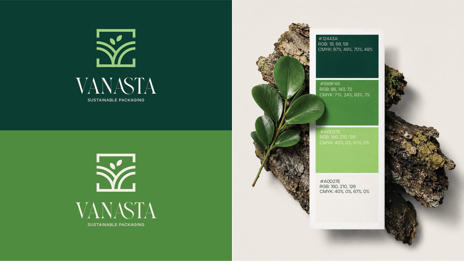 Vanasta logo versions and colour palette on a bark and leaf swatch