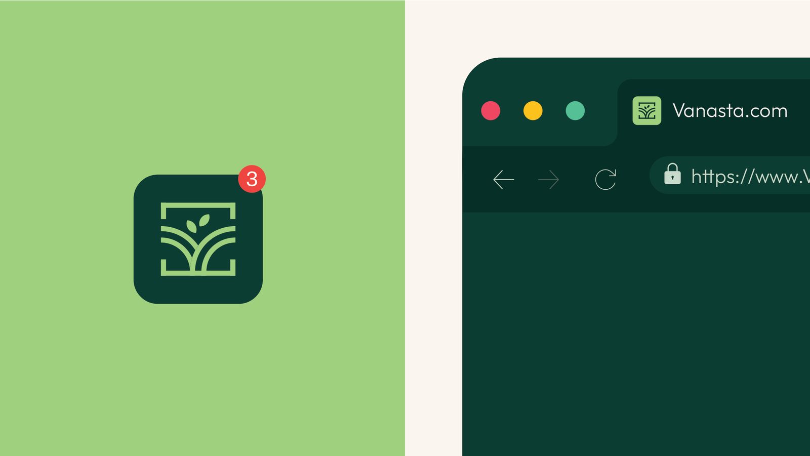 Vanasta app icon and browser mockup