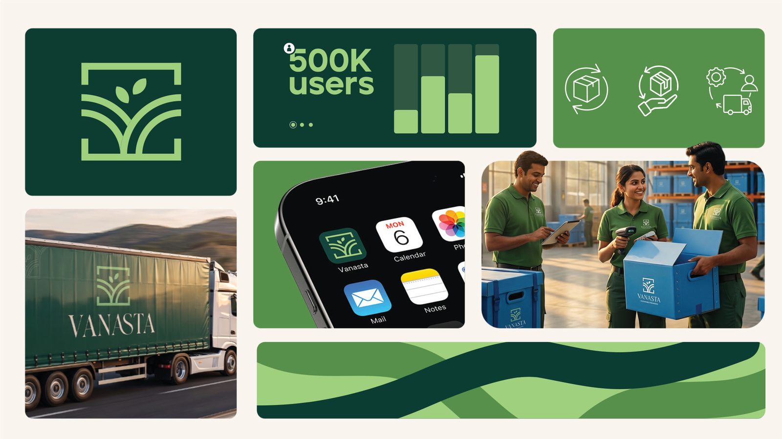 Brand collage: logo, stats card, icons, truck, app screen and team