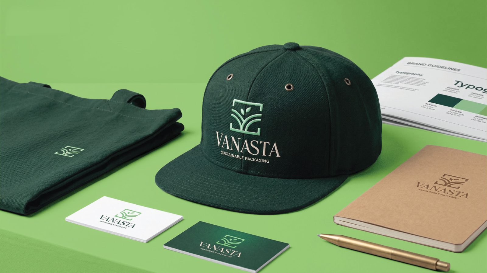 Vanasta cap, tote, business cards, notebook and brand guidelines