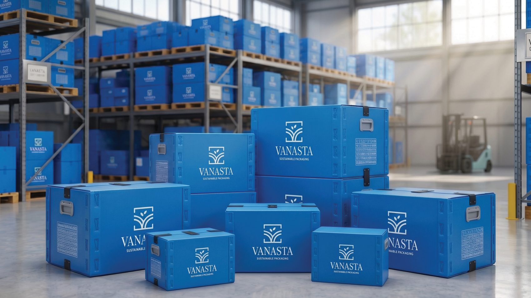 Blue Vanasta packaging crates in a warehouse